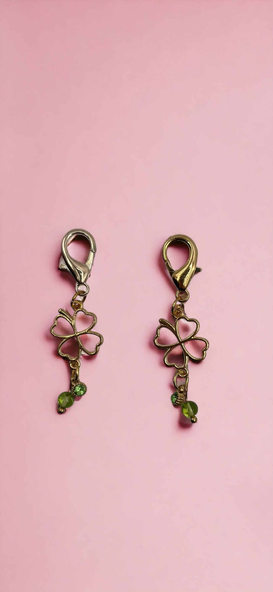 Golden Lucky Four-leaf Clover with Green Diamond and with Real Peridot Gem