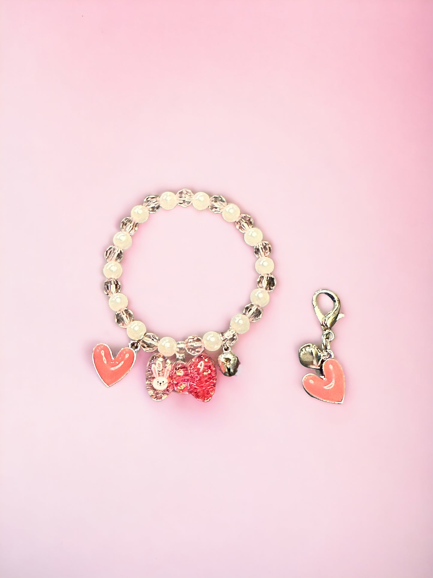 Pearl Glass Silver Bunny Bow and Pink Heart Kids Bracelet