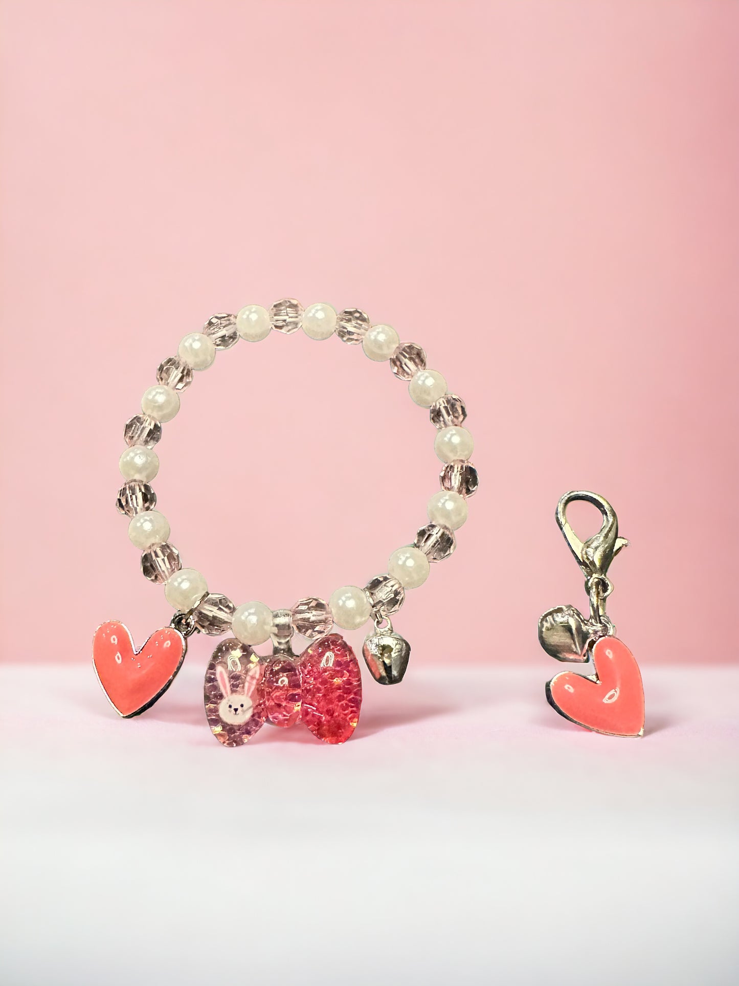 Pearl Glass Silver Bunny Bow and Pink Heart Kids Bracelet