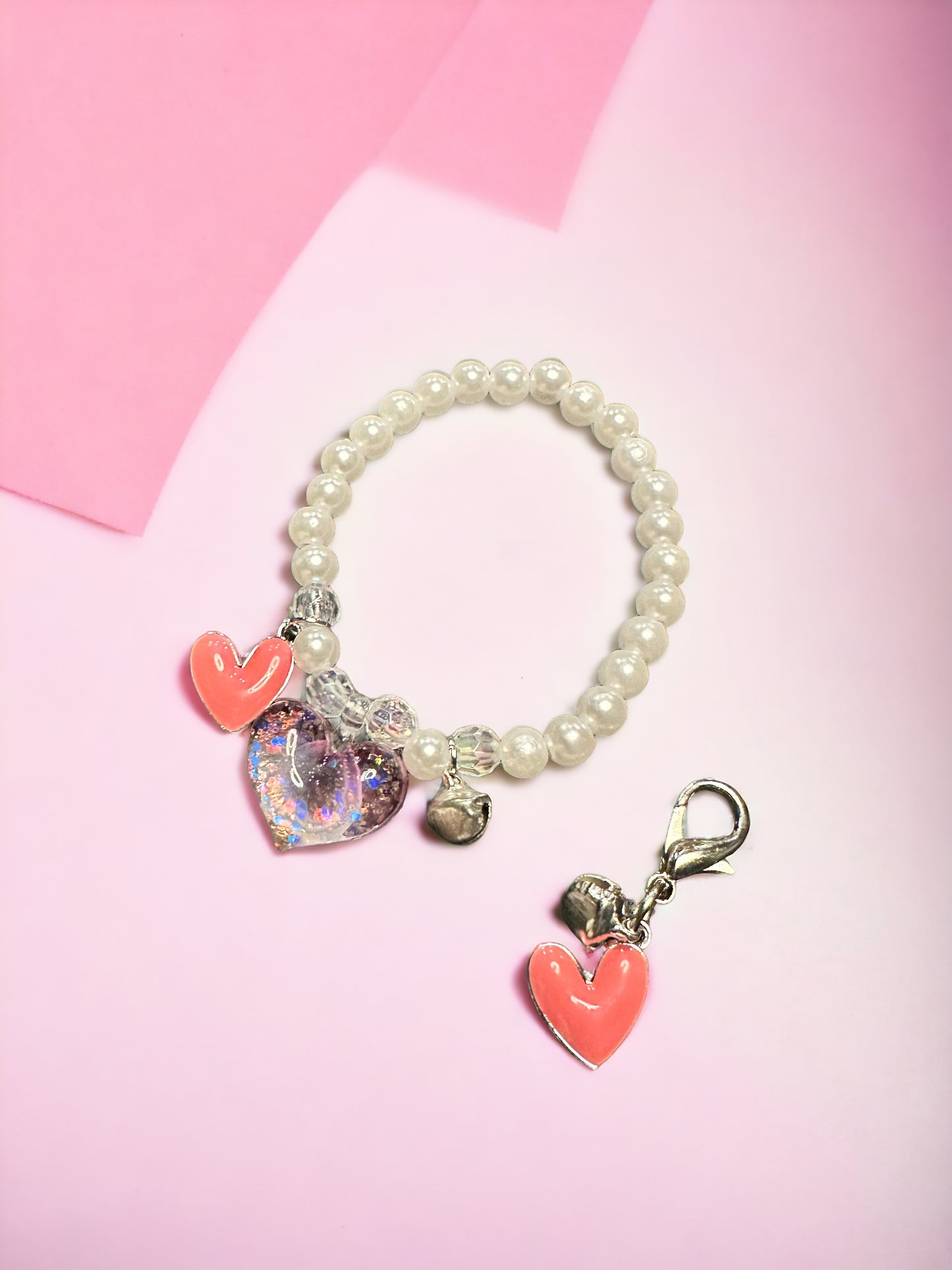 Pearl Glitter Heart and Tinkler with Pink Heart Kids Bracelet