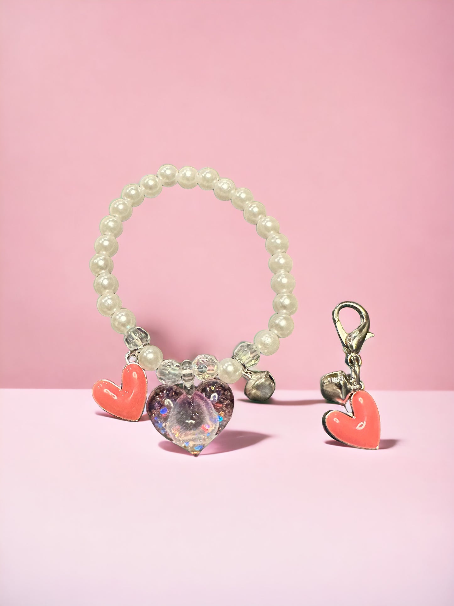 Pearl Glitter Heart and Tinkler with Pink Heart Kids Bracelet