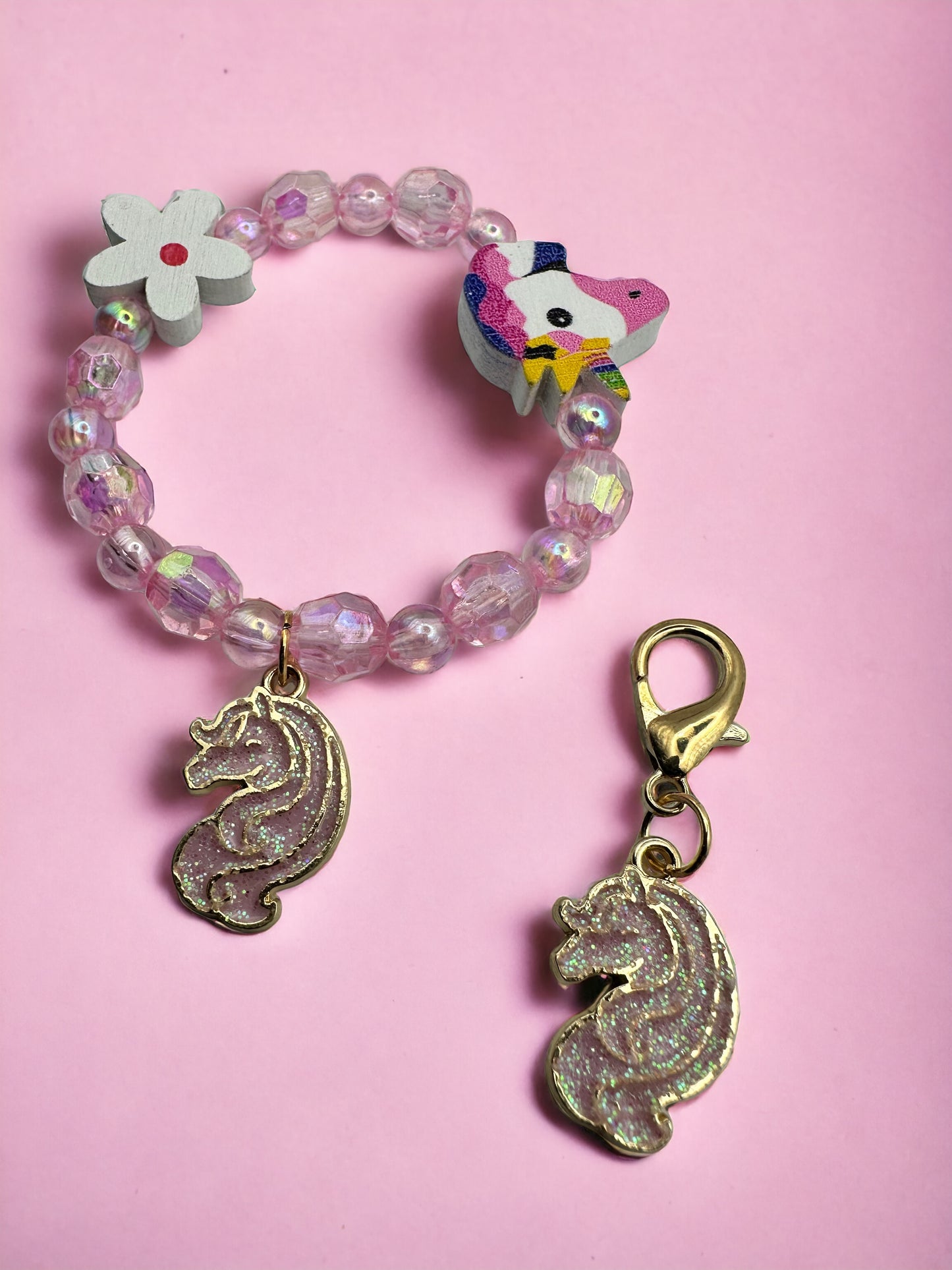 Pink Glitter Golden Magic Horse Kids Bracelet