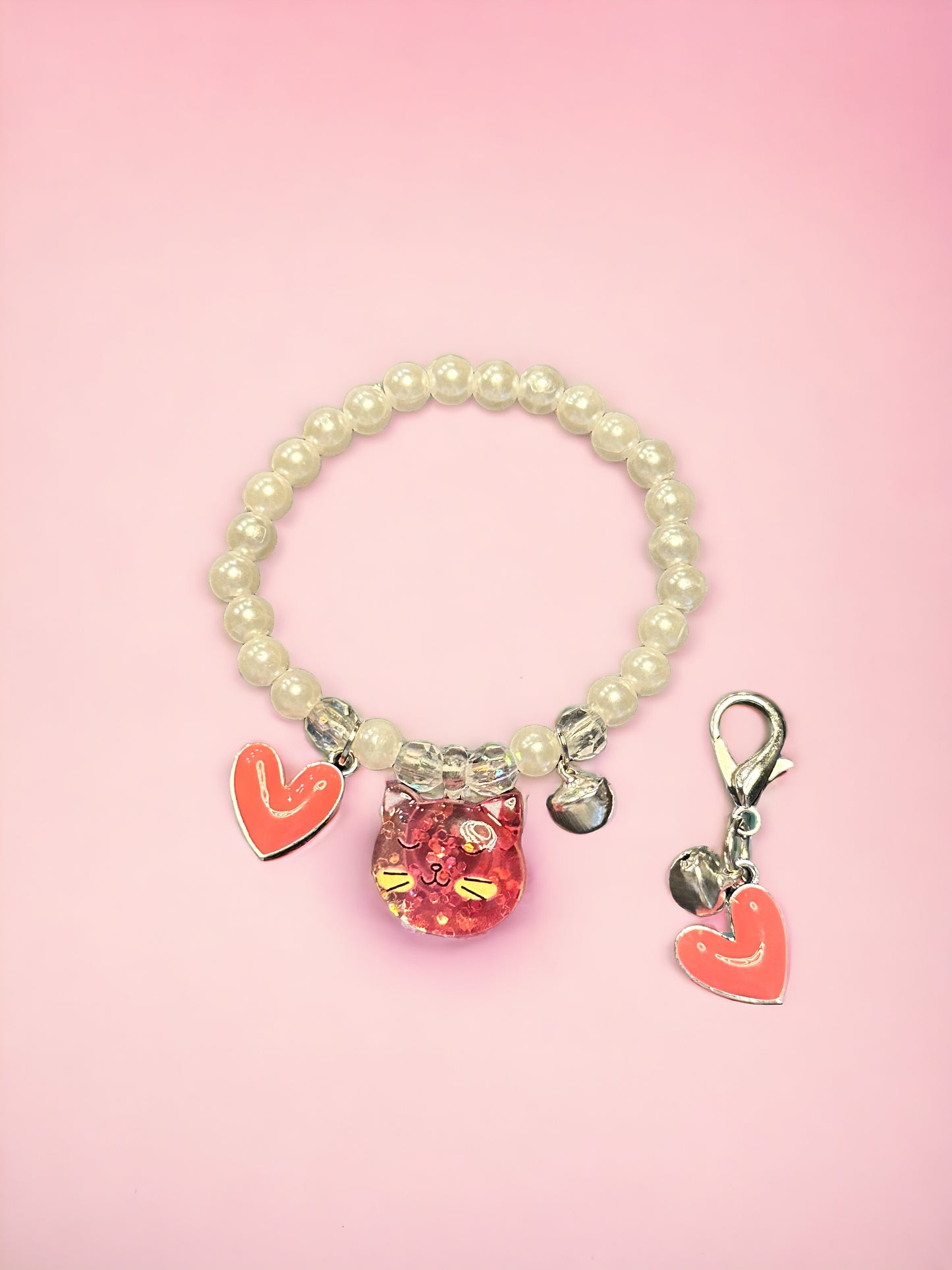 Pearl Peach Pink Cat Tinkler Heart Kids Bracelet