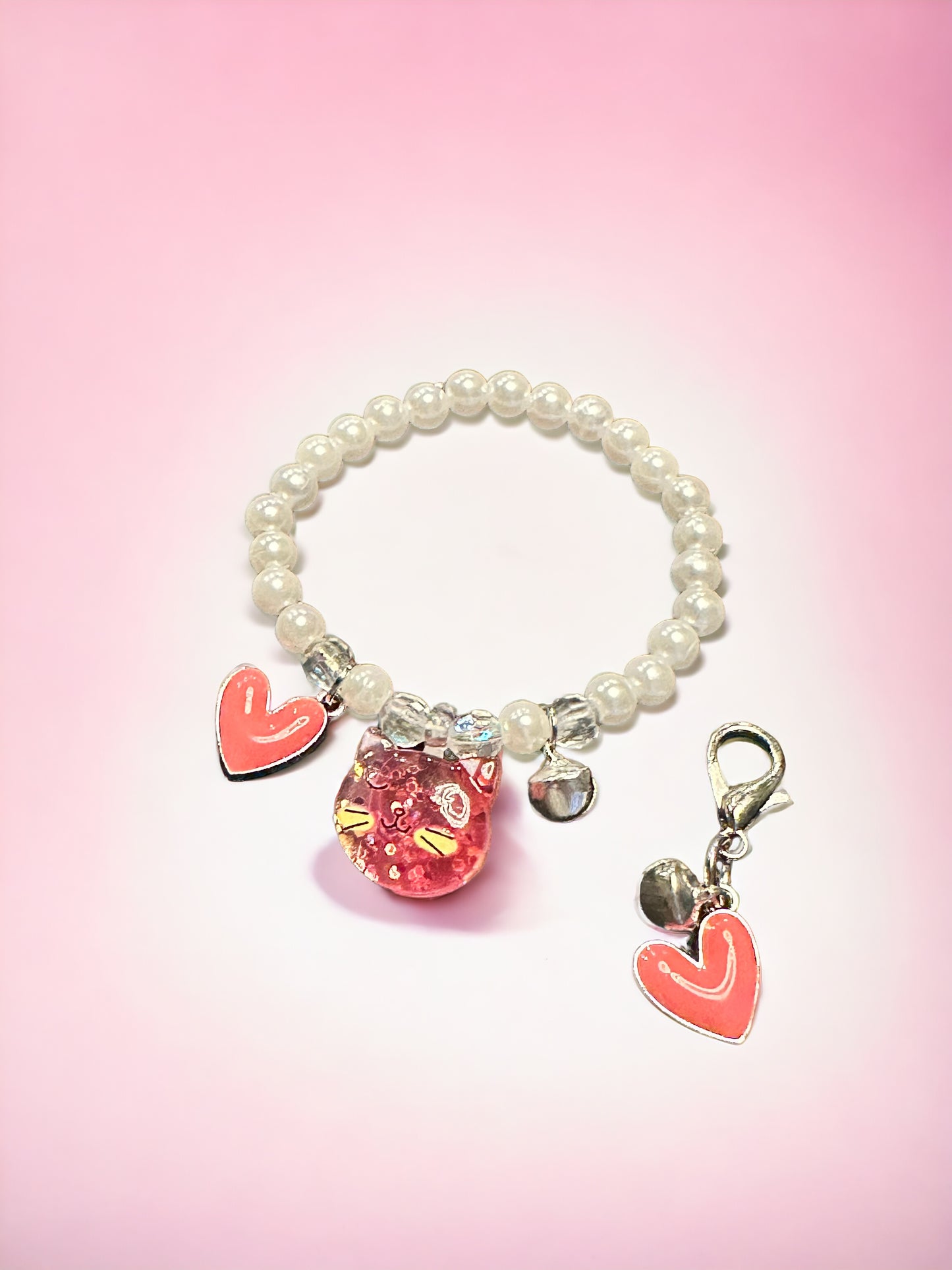 Pearl Peach Pink Cat Tinkler Heart Kids Bracelet