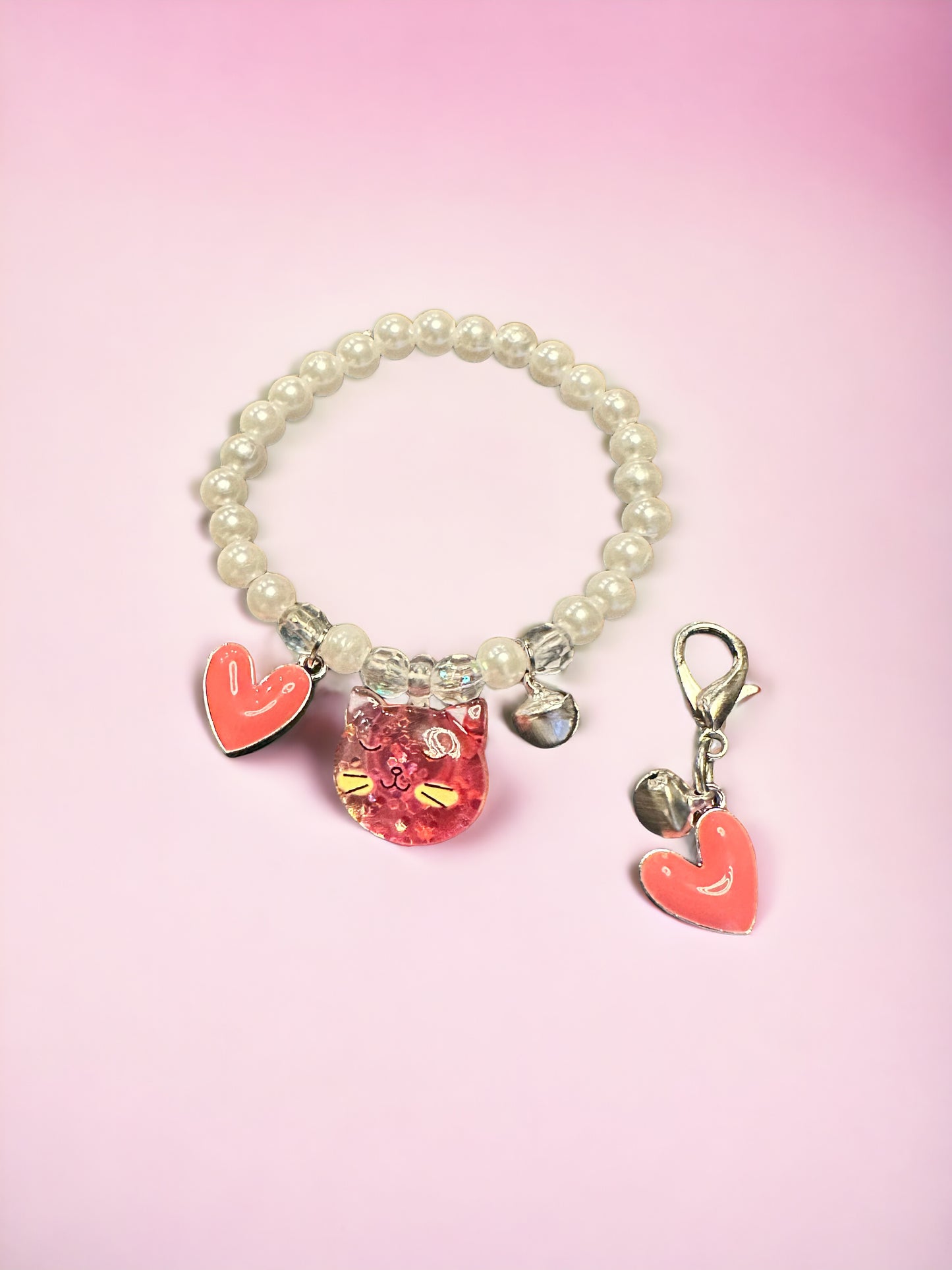 Pearl Peach Pink Cat Tinkler Heart Kids Bracelet