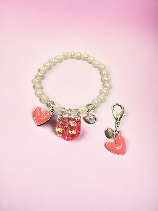 Pearl Peach Pink Cat Tinkler Heart Kids Bracelet