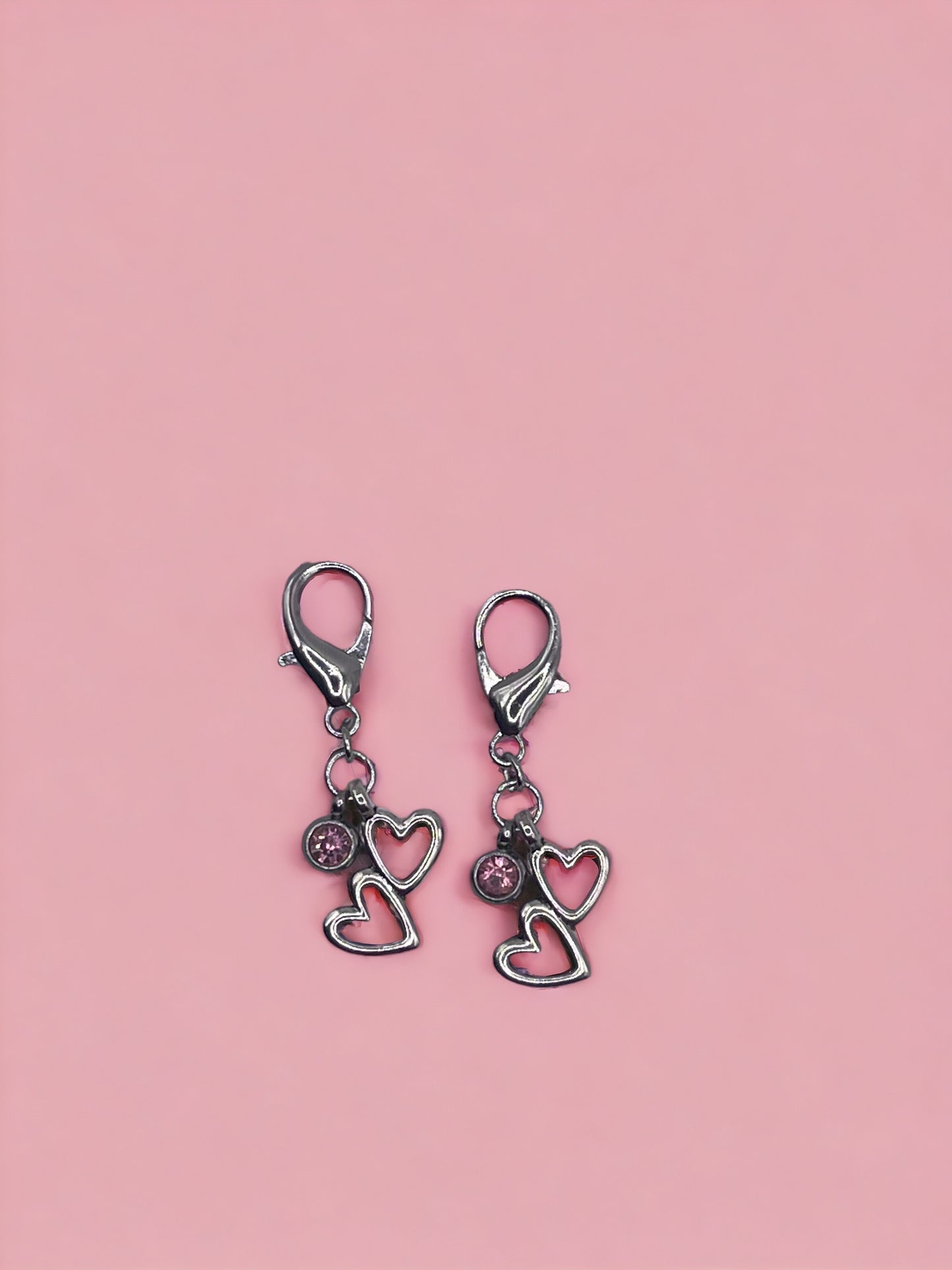 Silver Two Hearts with Pink Diamond Charm Pendant