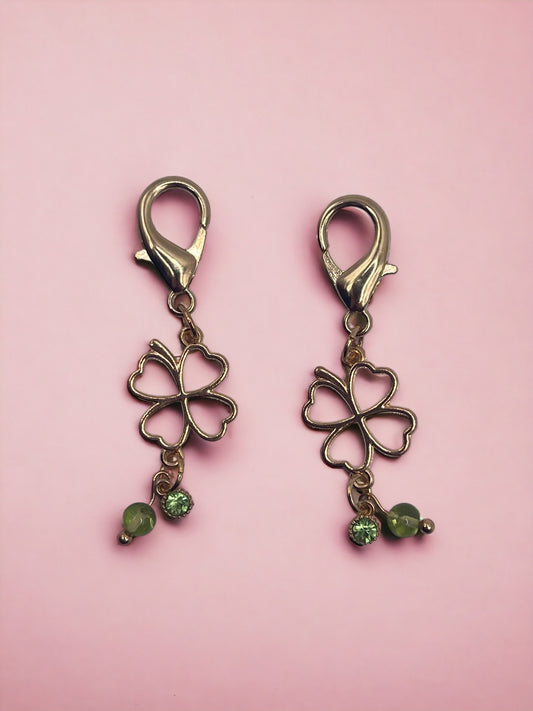 Golden Lucky Four-leaf Clover with Green Diamond and with Real Peridot Gem