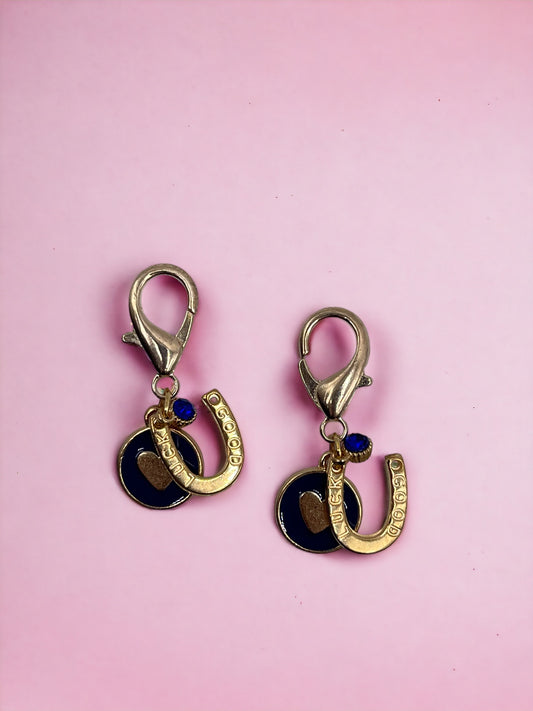 Golden Good Luck Horse Shoe with Blue Heart and Blue Diamond Charm Pendant