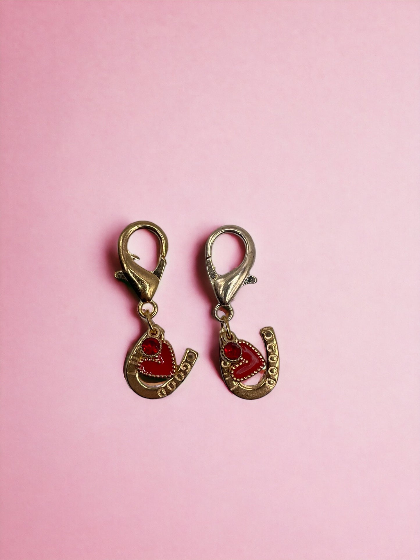 Golden Good Luck Horse Shoe with Red Heart and Red Diamond Charm Pendant