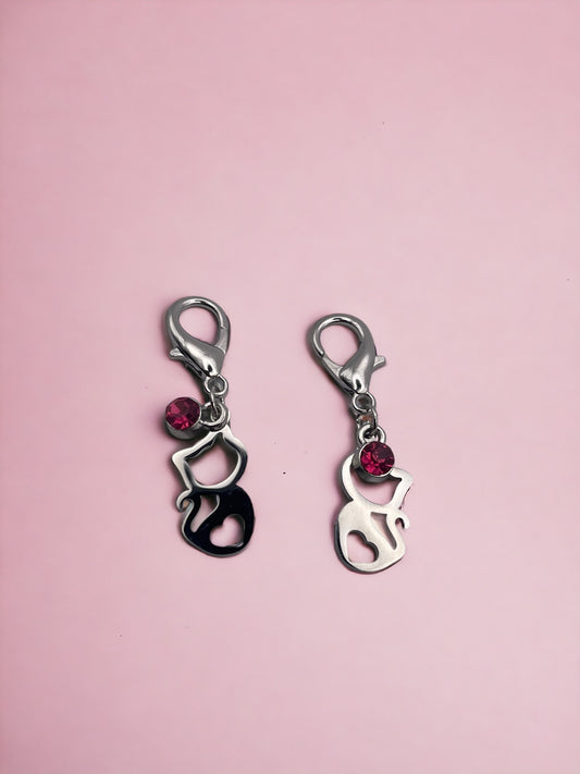 Silver Cat with Heart and Dark Pink Diamond Charm Pendant