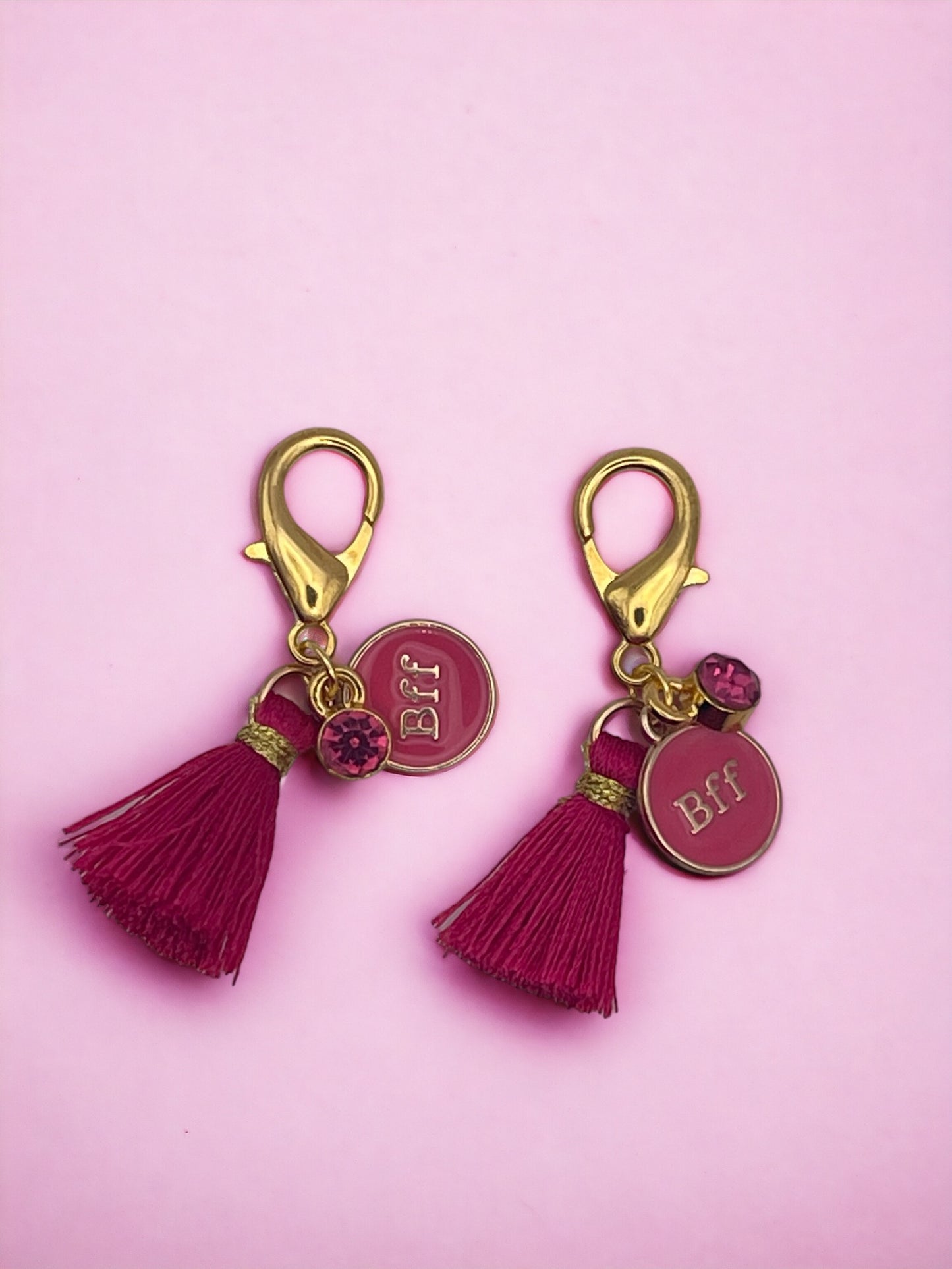 Golden Best Friends Forever with Dark Pink Diamond and Tassel Charm Pendant