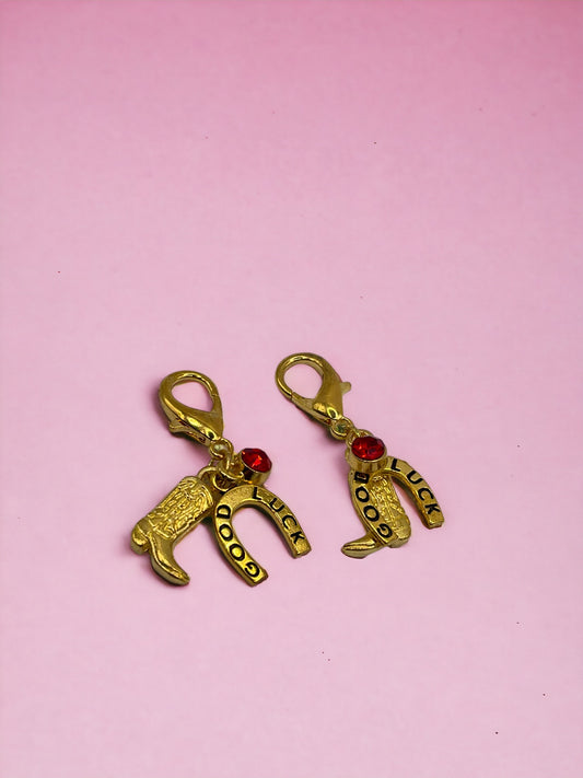 Golden Cowboy Boots with Good Luck Horseshoe and Dark Pink Diamond Charm Pendant