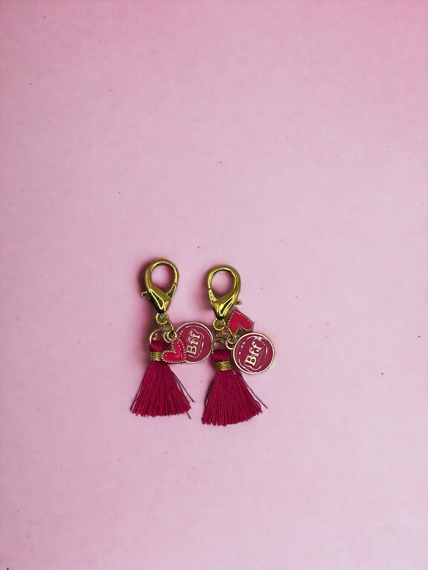 Golden Best Friends Forever with Dark Pink Diamond and Tassel Charm Pendant