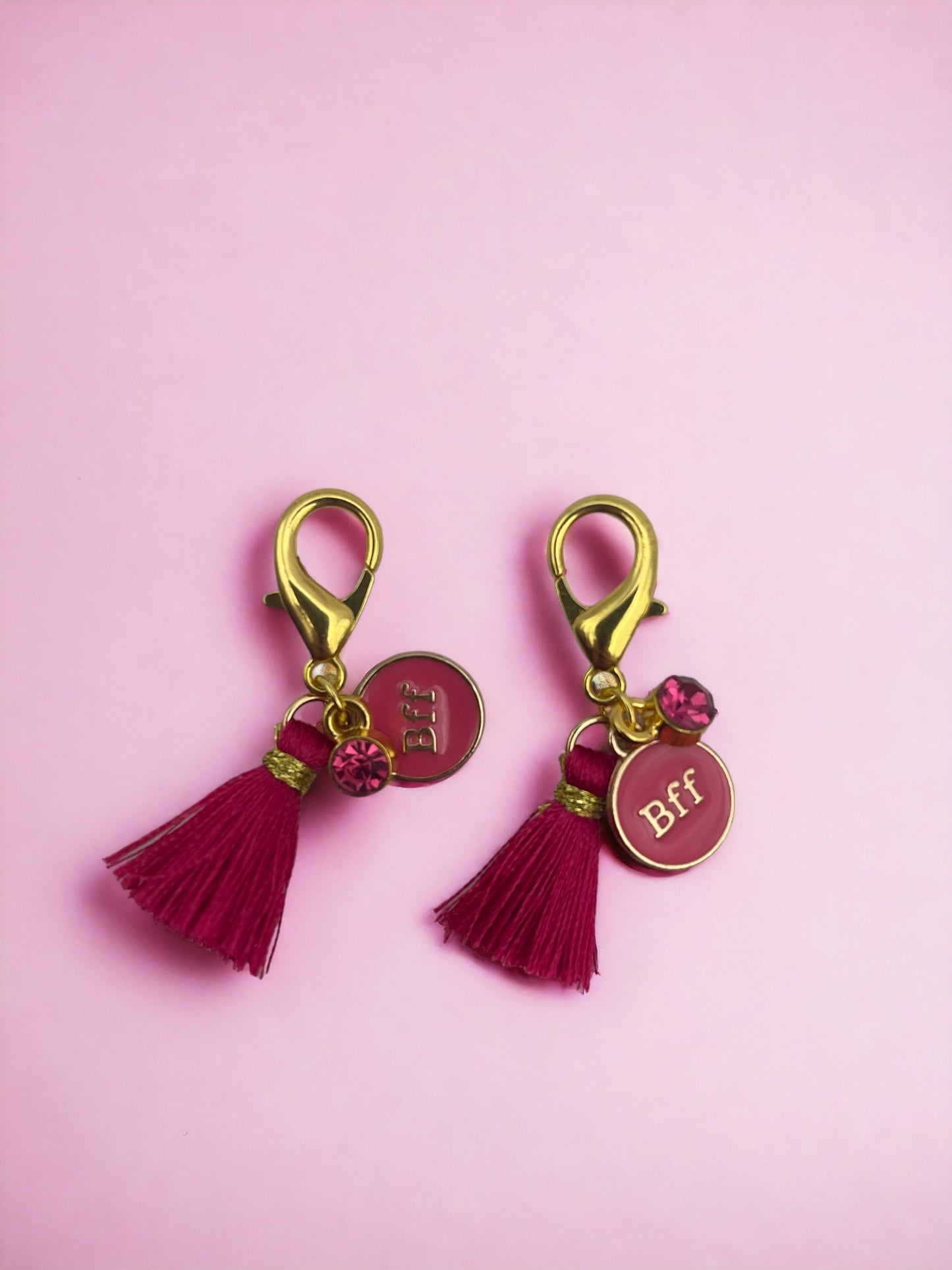 Golden Best Friends Forever with Dark Pink Diamond and Tassel Charm Pendant