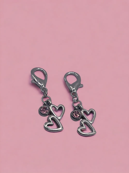 Silver Two Hearts with Pink Diamond Charm Pendant