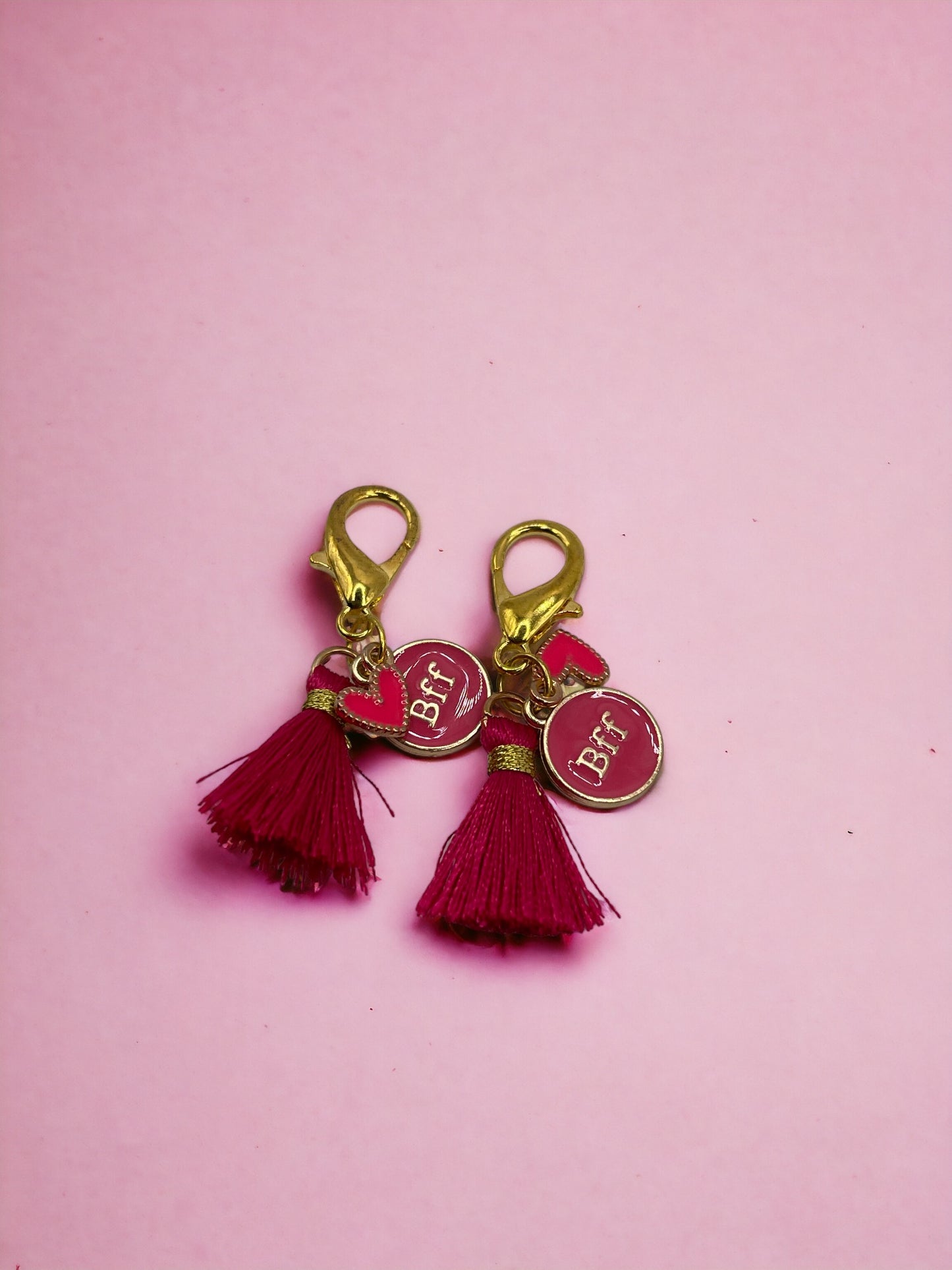 Golden Best Friends Forever with Dark Pink Diamond and Tassel Charm Pendant