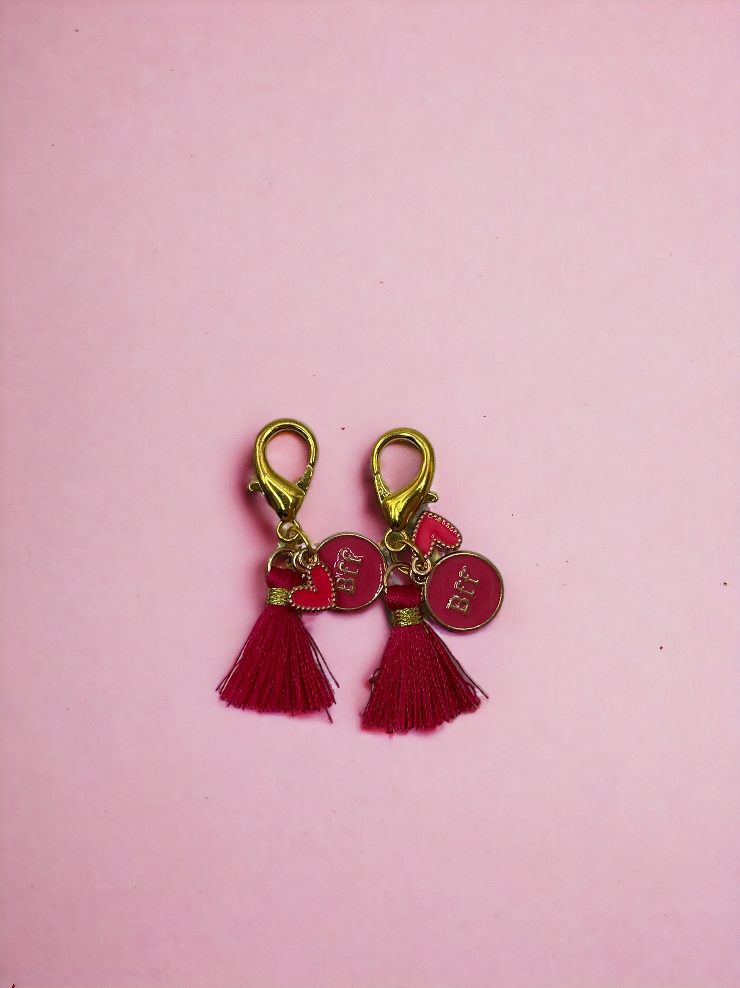 Golden Best Friends Forever with Dark Pink Diamond and Tassel Charm Pendant