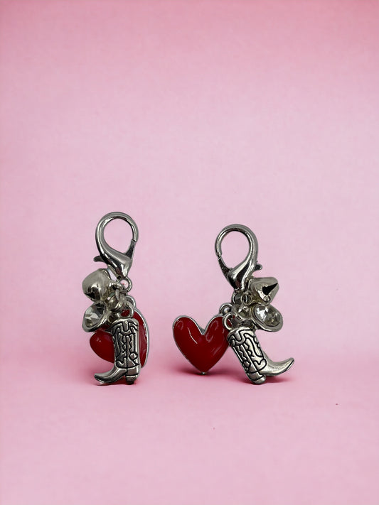 Silver Cowboy Boots with Heart & Diamond and Bell Charm Pendant