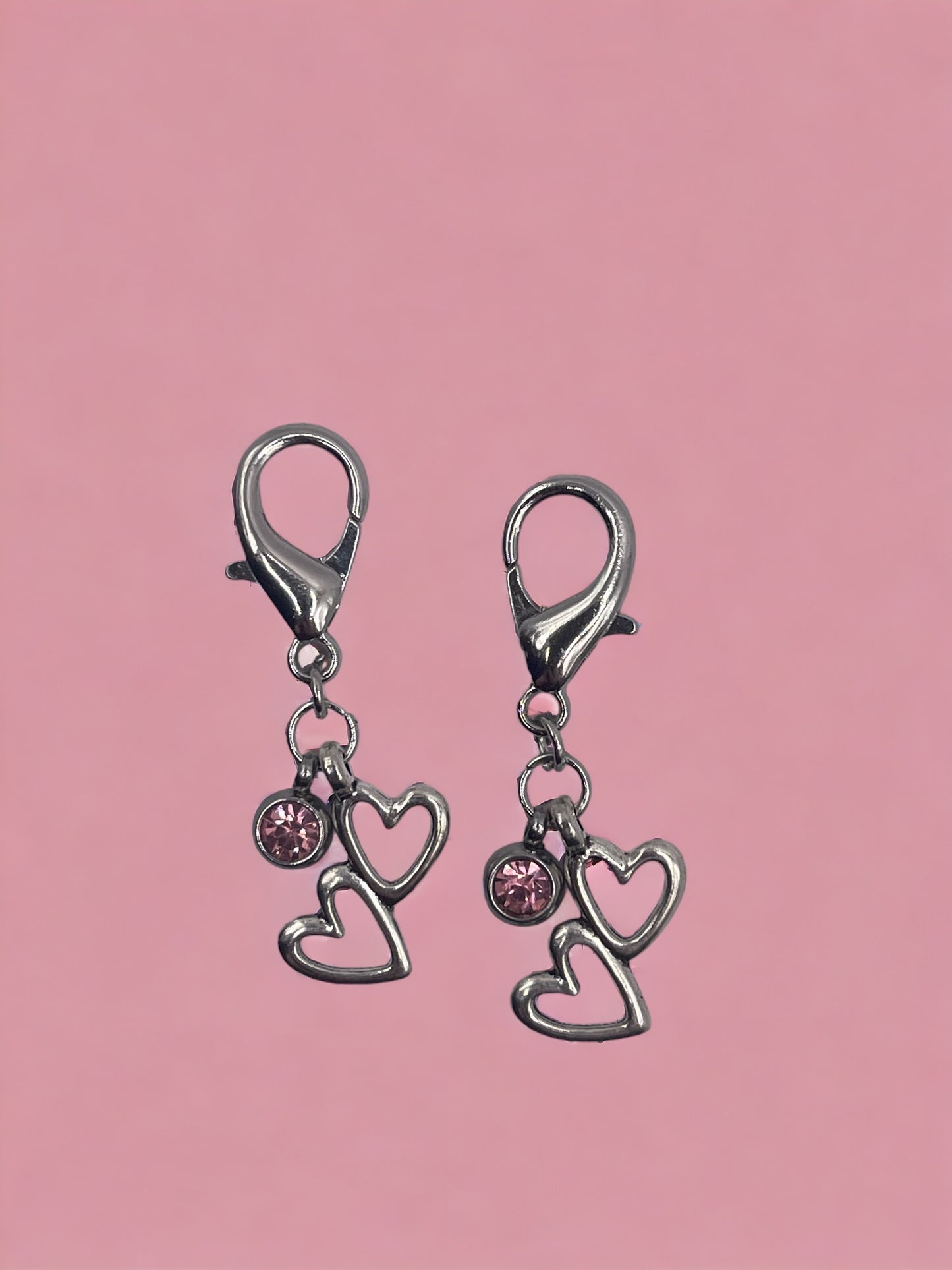 Silver Two Hearts with Pink Diamond Charm Pendant